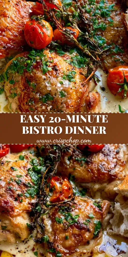 A rustic display of French food featuring pan-seared chicken thighs in a creamy garlic sauce with blistered tomatoes and crusty sourdough bread.
