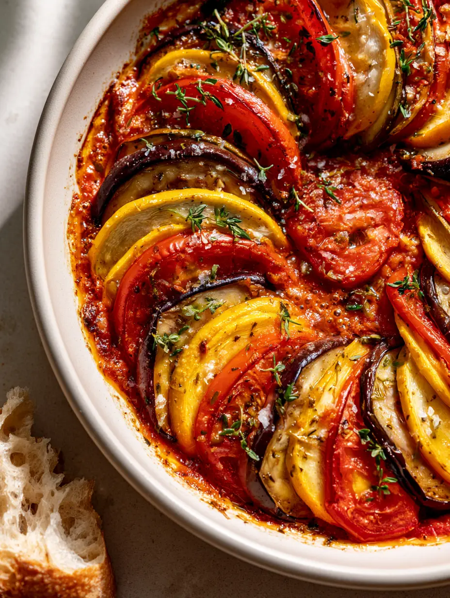 Close up of vibrant purple eggplant and yellow squash rounds glistening with olive oil. (famous French dishes)