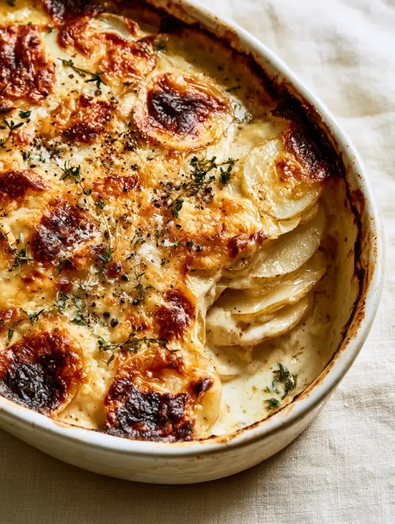 Close up of a deep scoop of potato gratin showing translucent stacked layers and a bubbling Gruyere crust.
