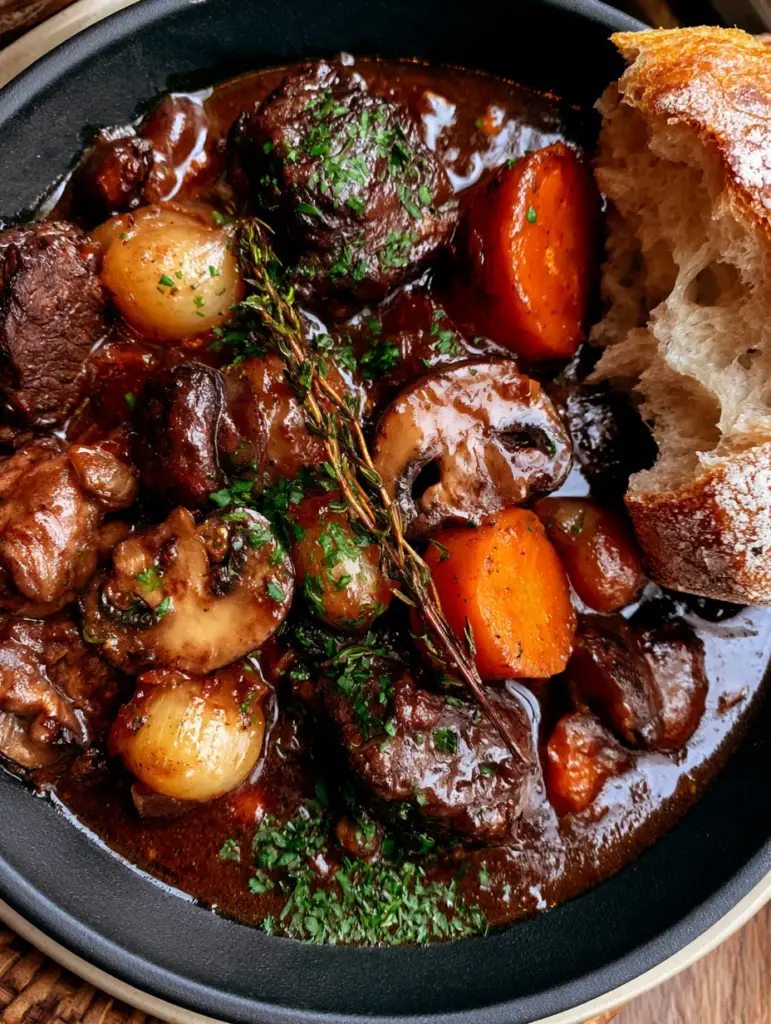 A premium French Beef Bourguignon with whole pearl onions and carrot medallions in a dark stoneware bowl.