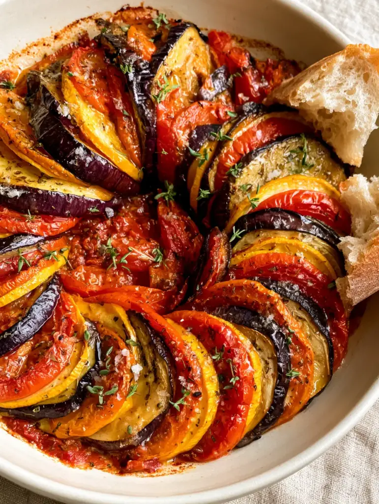 A crusty sourdough baguette next to a bubbling dish of French Ratatouille.