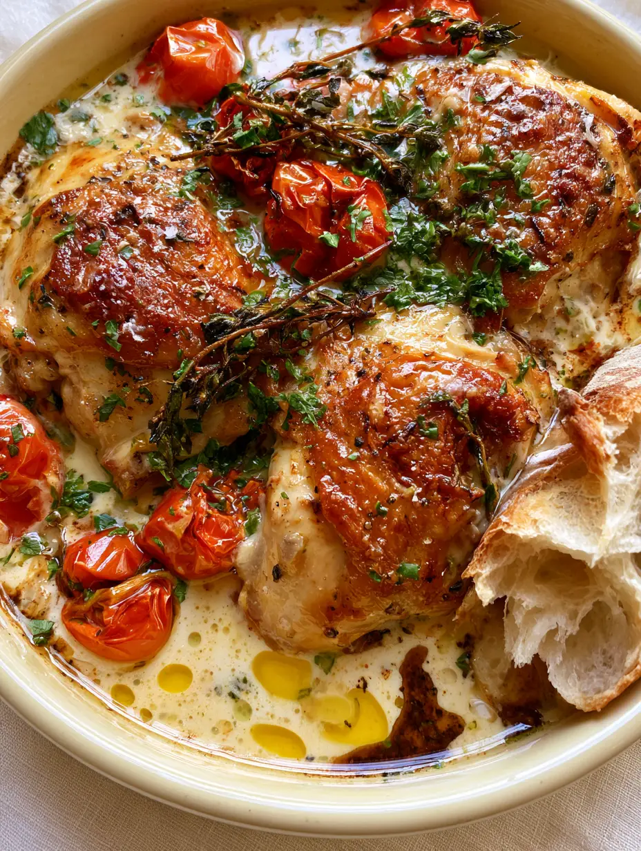Extreme close-up of golden-bronze chicken skin in a thick garlic cream sauce. (French food)