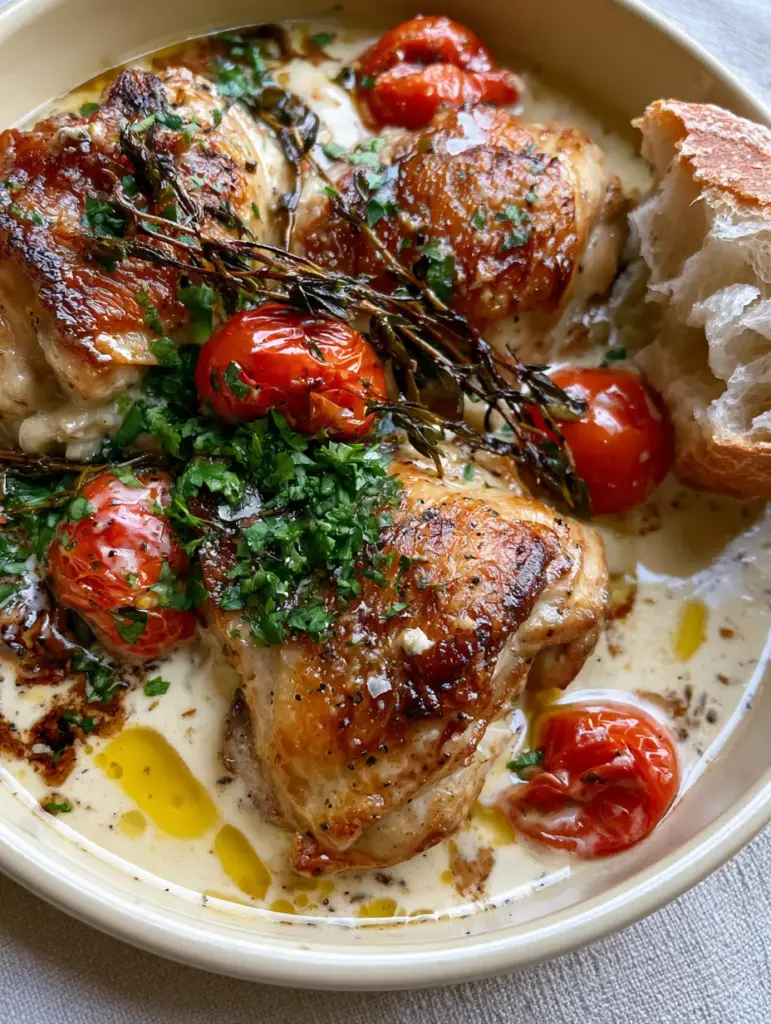 Rustic French food chicken dish garnished with charred thyme and bright red blistered tomatoes in a ceramic bowl.