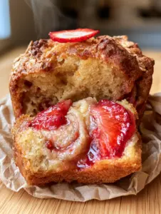 Handheld photo of a strawberry banana muffin pulled apart to reveal a steaming, moist fluffy yellow crumb interior with strawberry chunks.