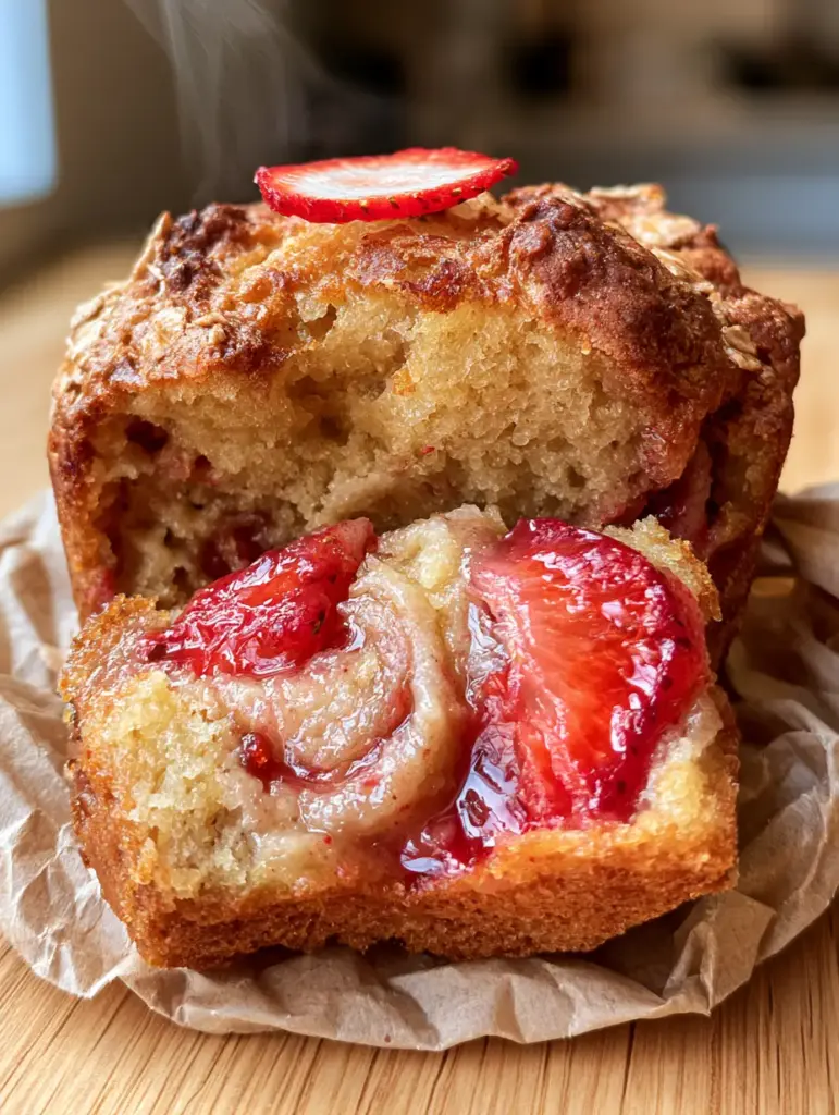 Strawberry Banana Muffins: The Ultimate Fluffy Bakery-Style Recipe 2 Handheld photo of a strawberry banana muffin pulled apart to reveal a steaming, moist fluffy yellow crumb interior with strawberry chunks.