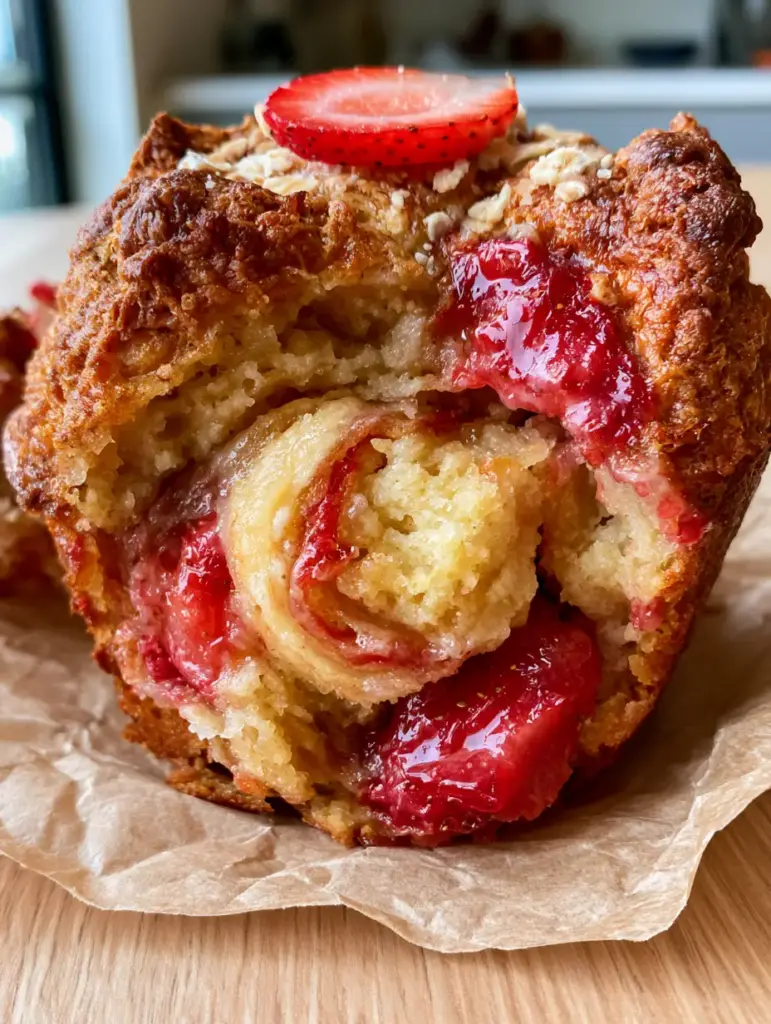 Strawberry Banana Muffins: The Ultimate Fluffy Bakery-Style Recipe 1 Top view of strawberry banana muffins showing deep golden-brown craggy surfaces and fresh strawberry slice garnishes.