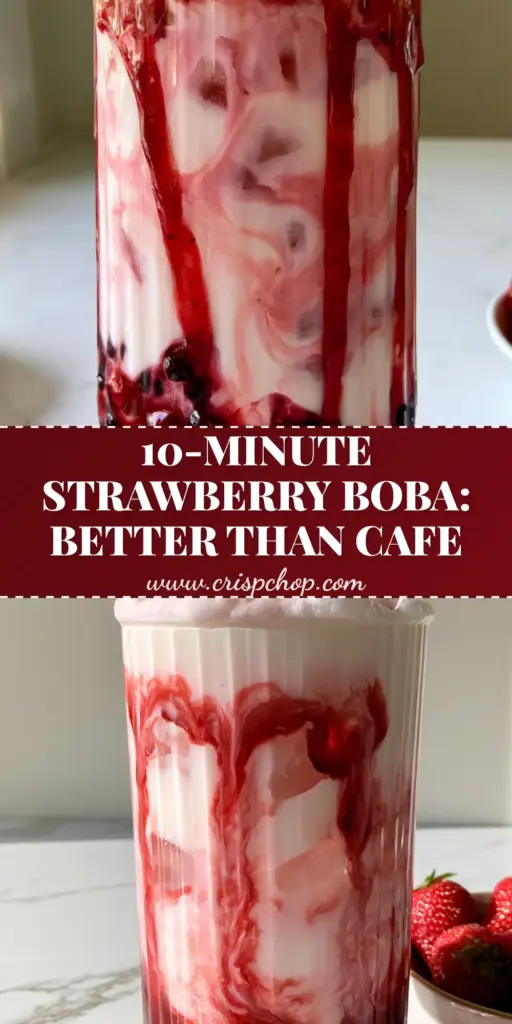 A tall ribbed glass of strawberry boba with thick crimson syrup drips, black pearls, and sliced strawberry hearts on a marble counter.