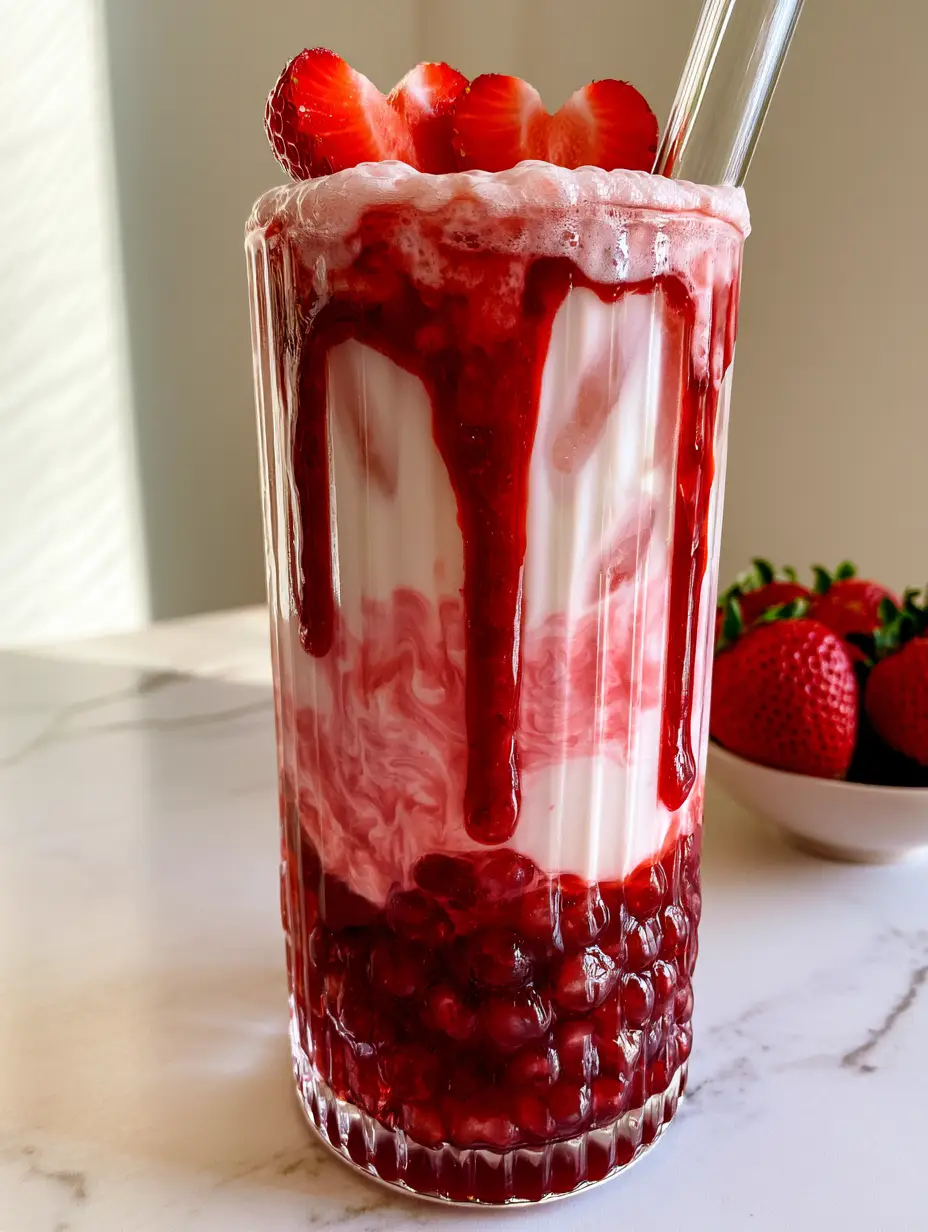 Close up shot of strawberry boba showing the pink and white marble swirl effect in a ribbed glass.