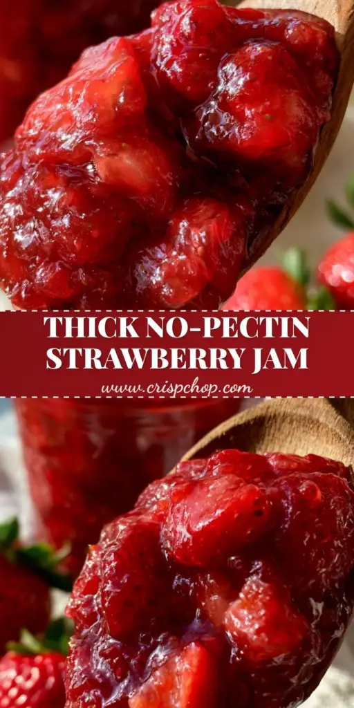 A close-up of a rustic wooden spoon holding a heavy dollop of ruby-red strawberry jam recipe with soft chunks over a mason jar.