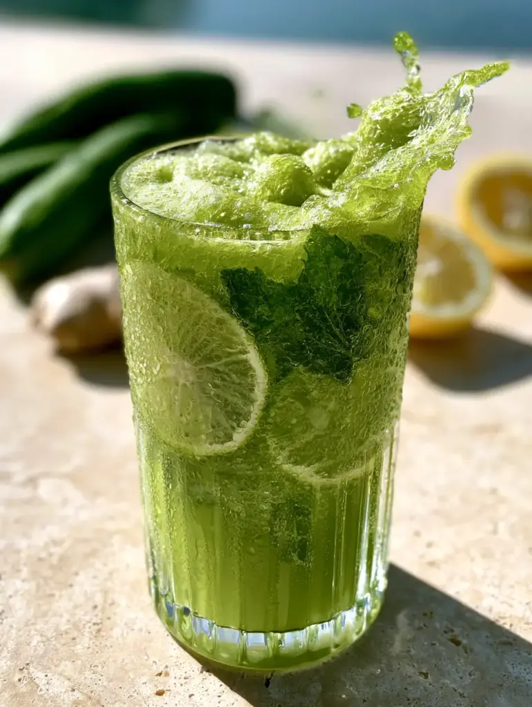 Close-up of a chilled green juice glass with thick dewy condensation and mint leaves pressed against the glass. (juice recipes)