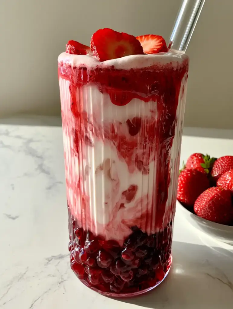 A vertical shot of strawberry boba topped with frothy milk foam and fresh strawberry hearts next to a bowl of berries.