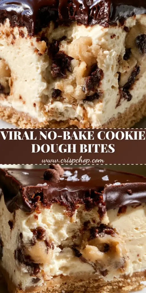 Chocolate Chip Cookie Dough Cheesecakes: The Ultimate No-Bake Dessert 3 A tall stack of chocolate chip cookie dough cheesecakes with glossy dark chocolate ganache and mini chocolate chips.
