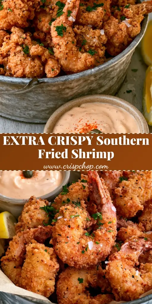 A pile of golden-brown Southern Fried Shrimp with craggy cornmeal breading and black pepper specks in a metal basket.