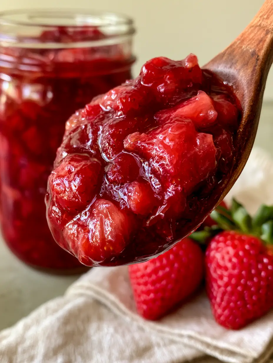 Extreme macro of a wooden spoon lifting a glistening dollop of strawberry jam recipe showing fruit fibers and glossy syrup.