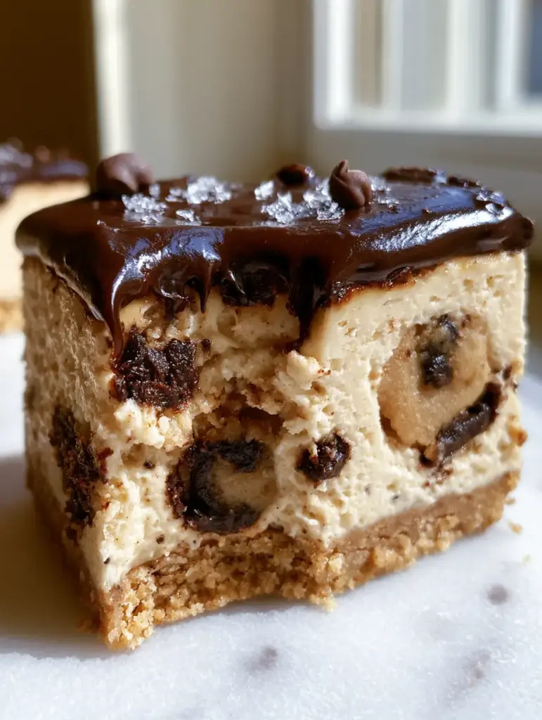 Chocolate Chip Cookie Dough Cheesecakes: The Ultimate No-Bake Dessert 2 A macro close-up of a single square no-bake chocolate chip cookie dough cheesecake with a bite taken out, showing the creamy texture and dough chunks.