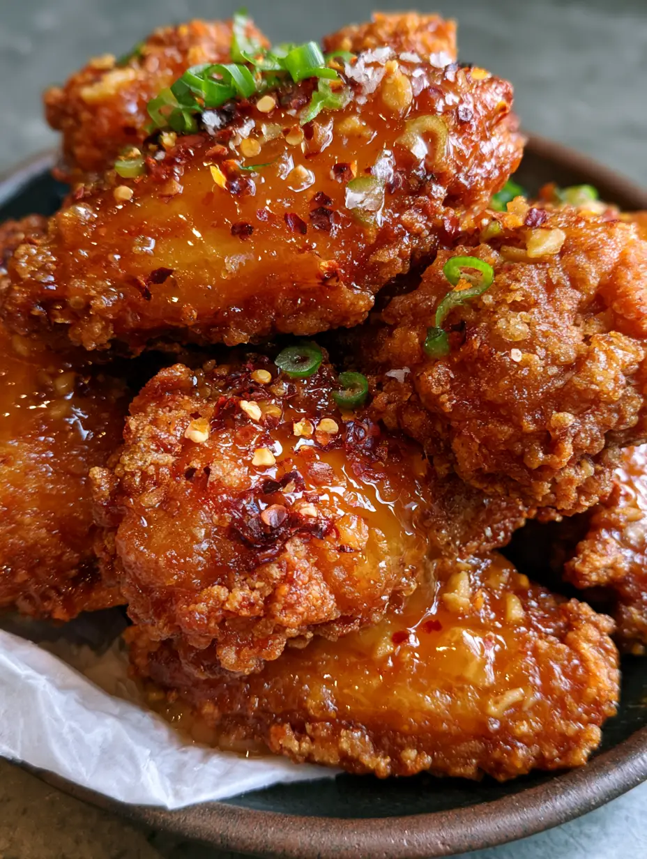 Close-up of jumbo Hot honey wings showing the thick amber glaze and minced garlic toppings.