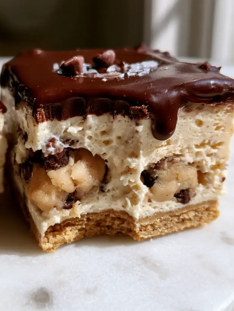 Chocolate Chip Cookie Dough Cheesecakes: The Ultimate No-Bake Dessert 1 Close up of the glossy dark chocolate ganache dripping over a chocolate chip cookie dough cheesecake square.