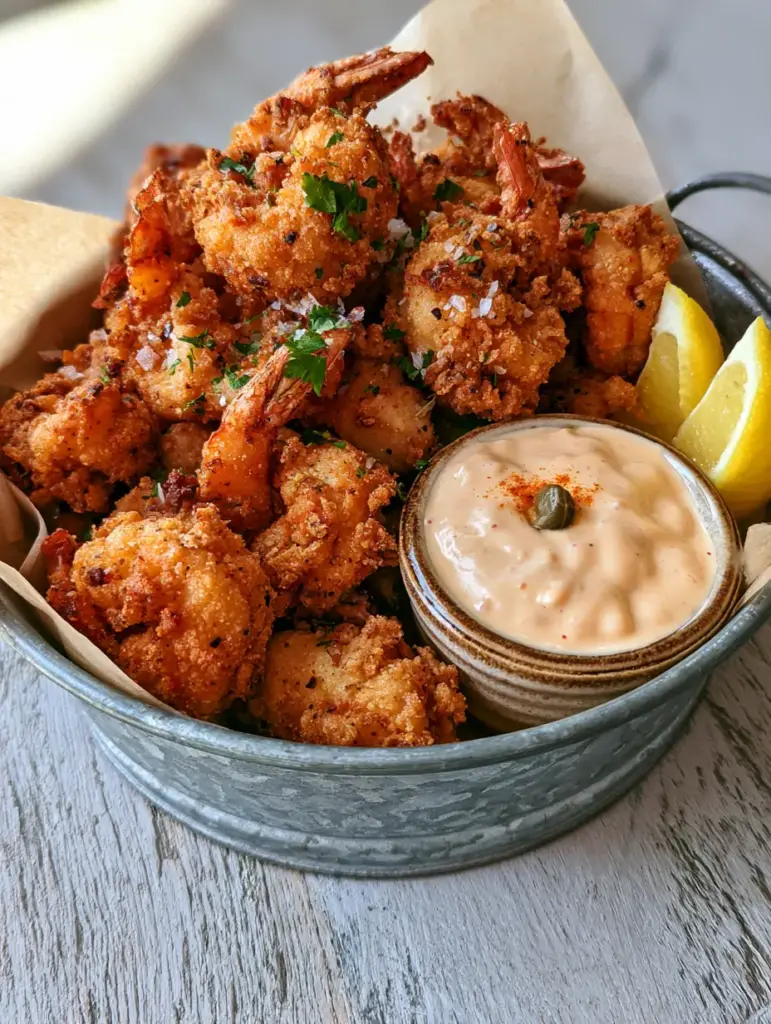 Rustic serving of Southern Fried Shrimp with a ceramic ramekin of orange-pink remoulade sauce topped with a caper.