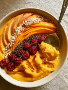 Top-down view of an ultra-thick Peach and Mango Smoothie Bowl showing dense soft-serve texture and vibrant orange color.