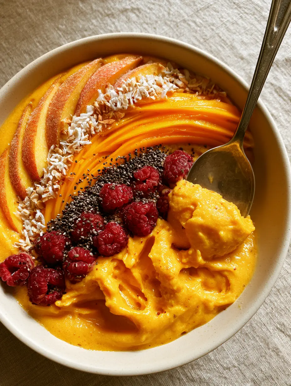 Top-down view of an ultra-thick Peach and Mango Smoothie Bowl showing dense soft-serve texture and vibrant orange color.