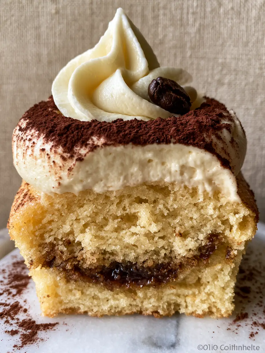 Close up of Tiramisu cupcakes with thick mascarpone frosting and cocoa powder on a white marble platter.