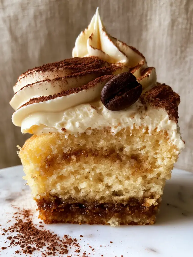 A Tiramisu cupcake with a single espresso bean on top, sitting on a neutral beige linen background.