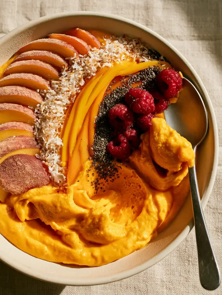 Close-up of mango ribbons, fuzzy peach slices, and glossy raspberries on a Peach and Mango Smoothie Bowl.