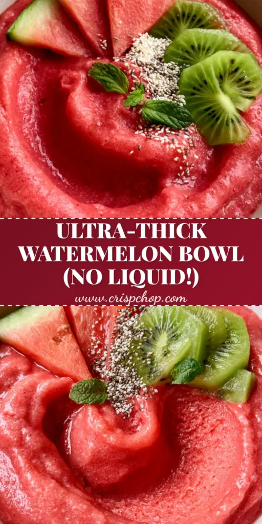 A top-down macro view of an ultra-thick Watermelon Smoothie Bowl in a white bowl with kiwi and mint toppings.