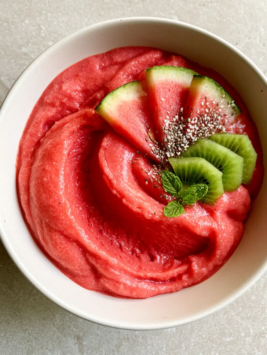 Close-up of the scoop mark in a coral-pink Watermelon Smoothie Bowl showing the frozen, velvety texture.