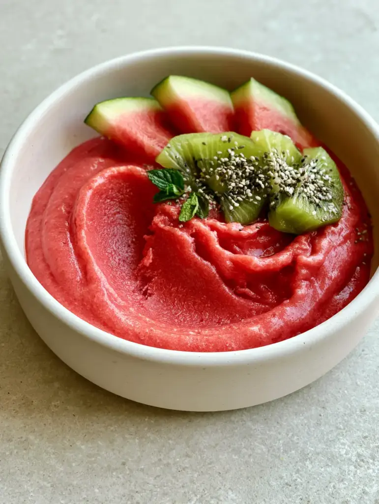 Watermelon Smoothie Bowl topped with white chia seeds, fresh kiwi slices, and mint sprigs on a stone background.