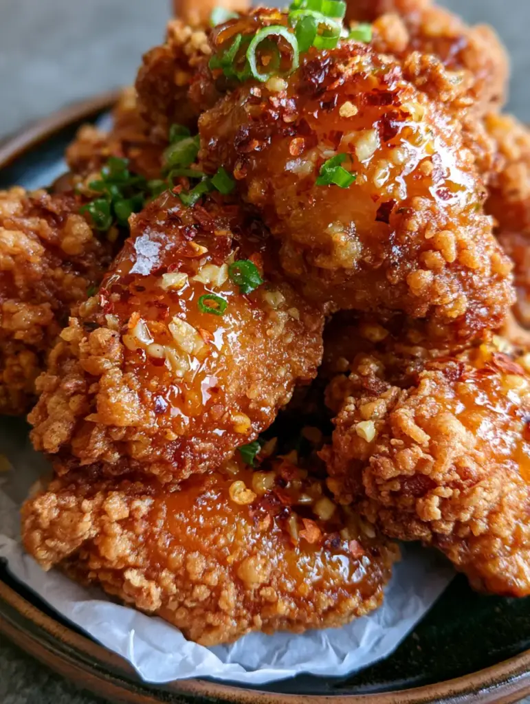 High-angle shot of craggy, double-fried wings garnished with scallions and flaky sea salt.