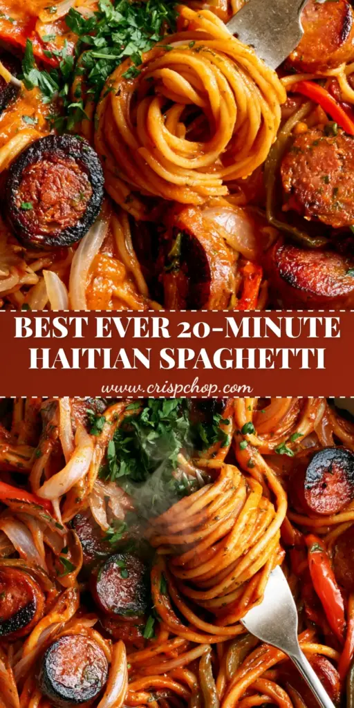 A steaming bowl of Haitian Spaghetti with seared sosis, bell peppers, and a glossy reddish-orange sauce garnished with parsley.