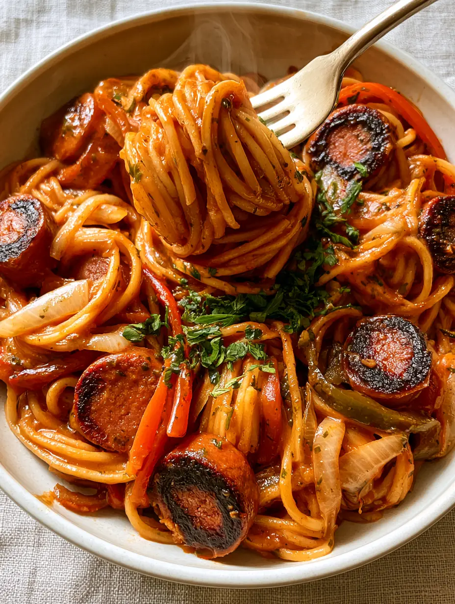 Close-up of Haitian Spaghetti showing the texture of the glossy sauce and seared sausage edges.