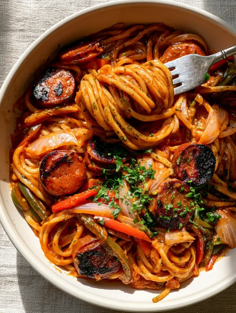 Top-down view of Haitian Spaghetti with peppers, onions, and seared sausage in an off-white bowl.