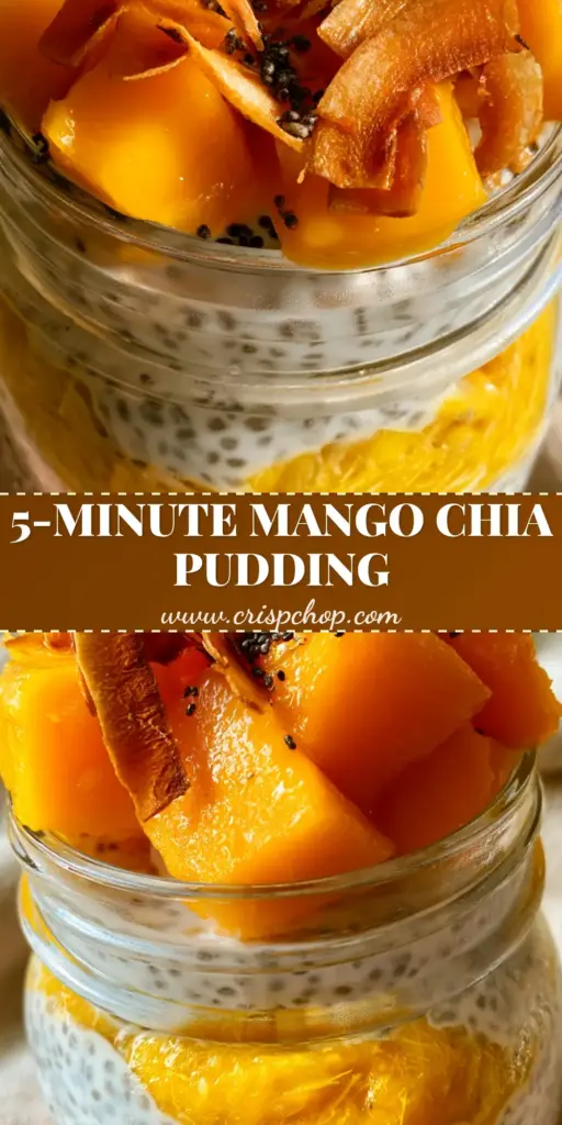 A tall mason jar filled with thick Mango Coconut Chia Pudding layered with bright yellow puree and topped with juicy orange mango cubes and toasted coconut ribbons.