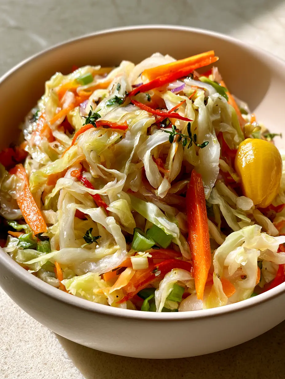 Jamaican Cabbage Recipe: The Ultimate Steamed Island Side Dish 4 Close up of steaming ribbons of Jamaican cabbage recipe showing the light buttery sheen and matchstick carrots.