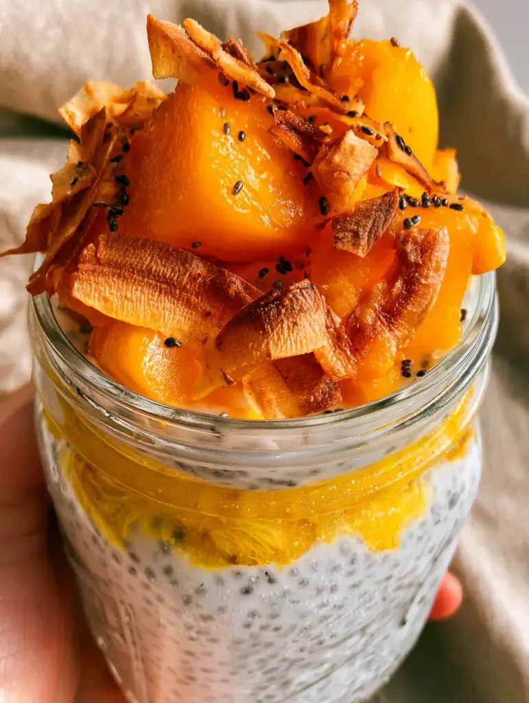 Close-up handheld shot of a glass mason jar showing the creamy white Mango Coconut Chia Pudding base and thousands of tiny black chia seeds.