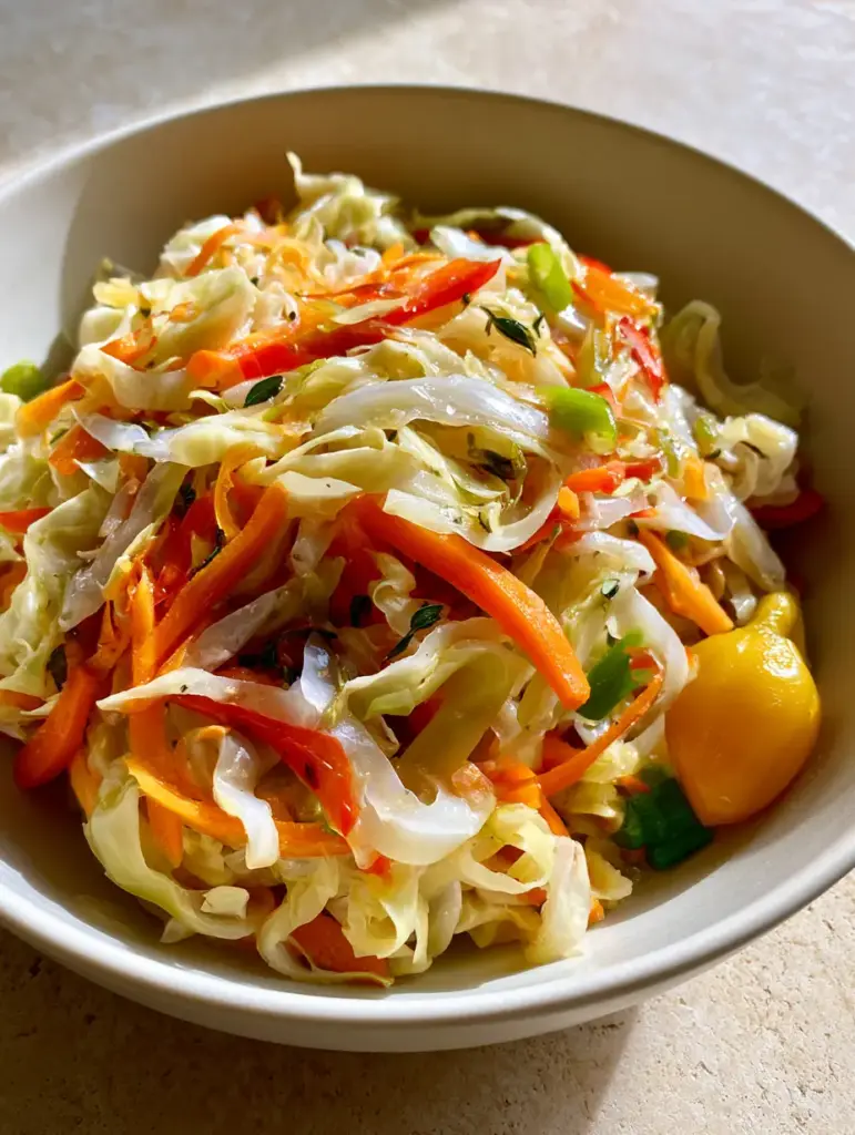 Jamaican Cabbage Recipe: The Ultimate Steamed Island Side Dish 1 Top down view of Jamaican cabbage recipe in a white ceramic bowl on a stone countertop.