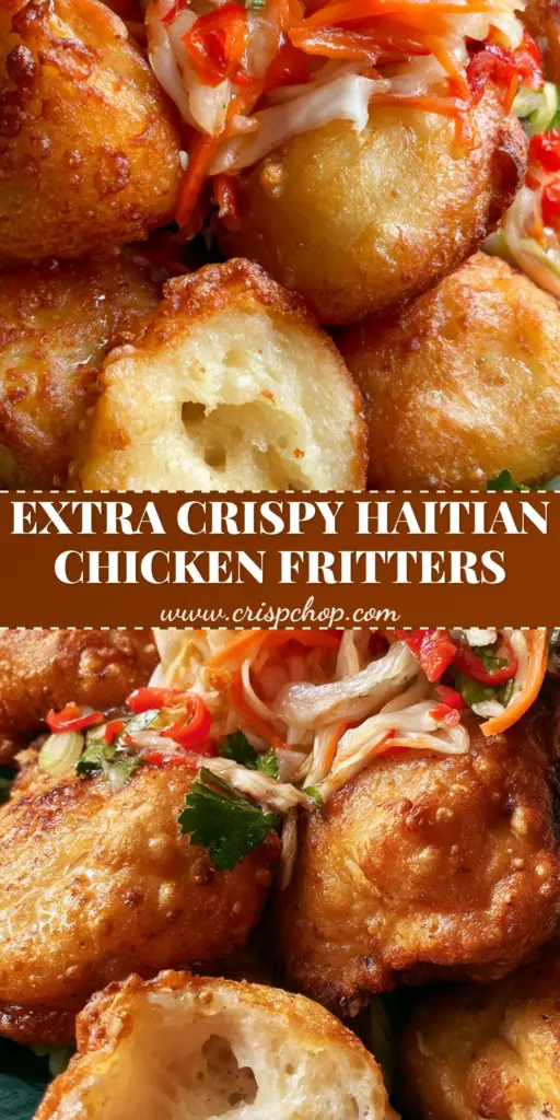 A handheld smartphone photo of a heap of golden-brown Haitian chicken fritters (Marinad) topped with vibrant Pikliz in a teal bowl.