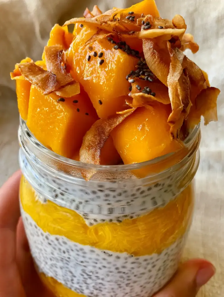 Top view of Mango Coconut Chia Pudding showing glistening orange mango cubes and toasted golden-brown coconut ribbons.