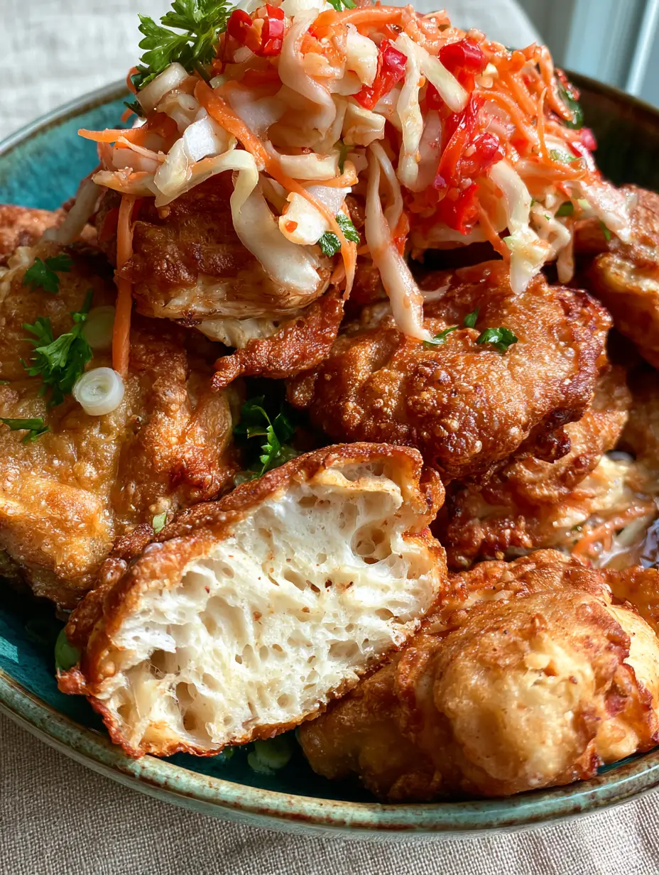 Close-up of golden-brown Haitian chicken fritters showing a rugged deep-fried texture and tiny bubbles.
