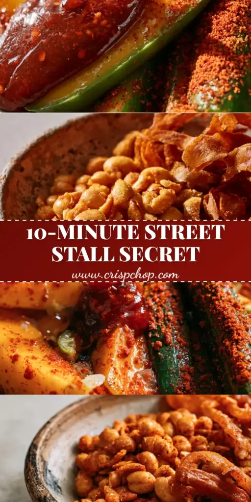 A vertical split-screen showing chamoy drizzling over chili-dusted mango and cucumber, with a bowl of Japanese peanuts and corn nuts below. (authentic mexican snacks)