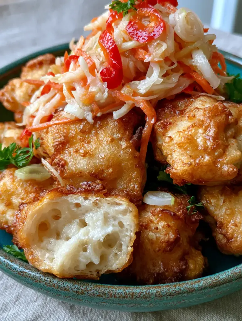 One Haitian chicken fritter broken open to reveal a steaming, airy, and spongy bread-like interior with air pockets.