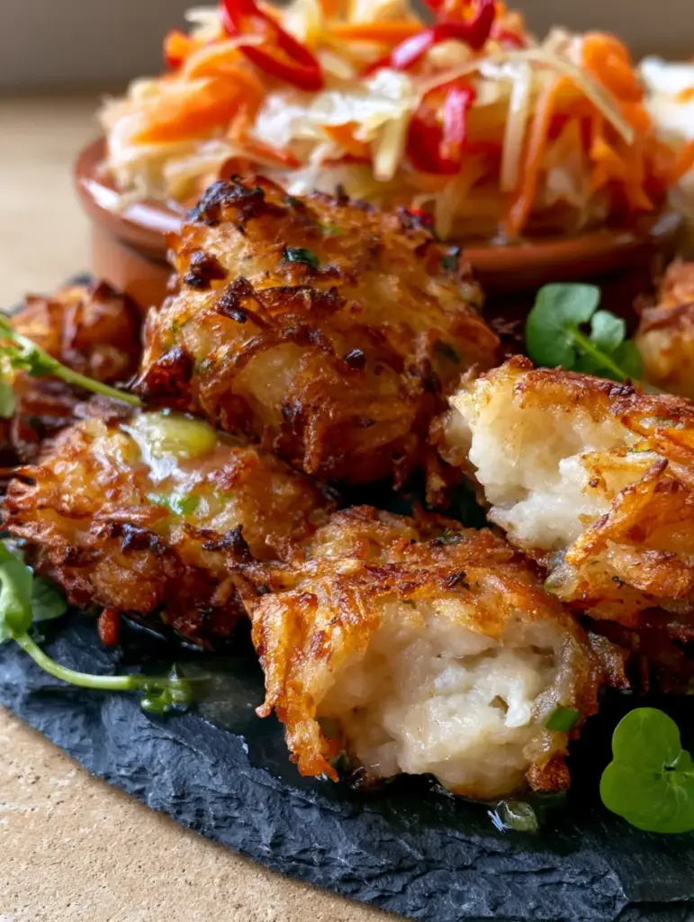 Macro view of a pile of Haitian Akra fritters on a dark slate platter, showing shredded malanga root texture. (Haitian Akra)