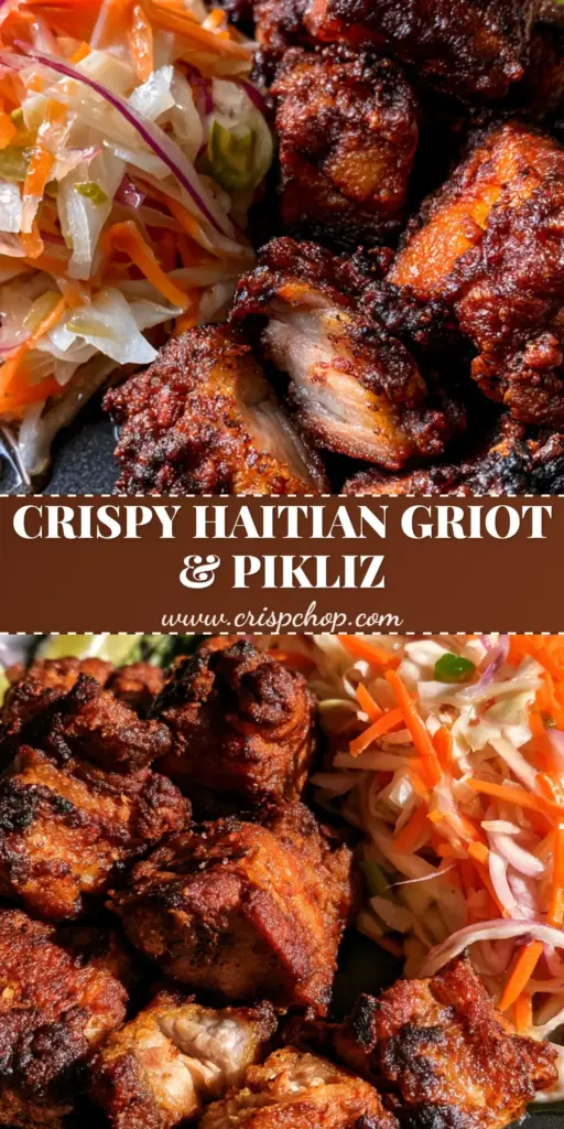A rustic plate of Haitian food featuring crispy Griot pork cubes and spicy Pikliz slaw. (Haitian food)