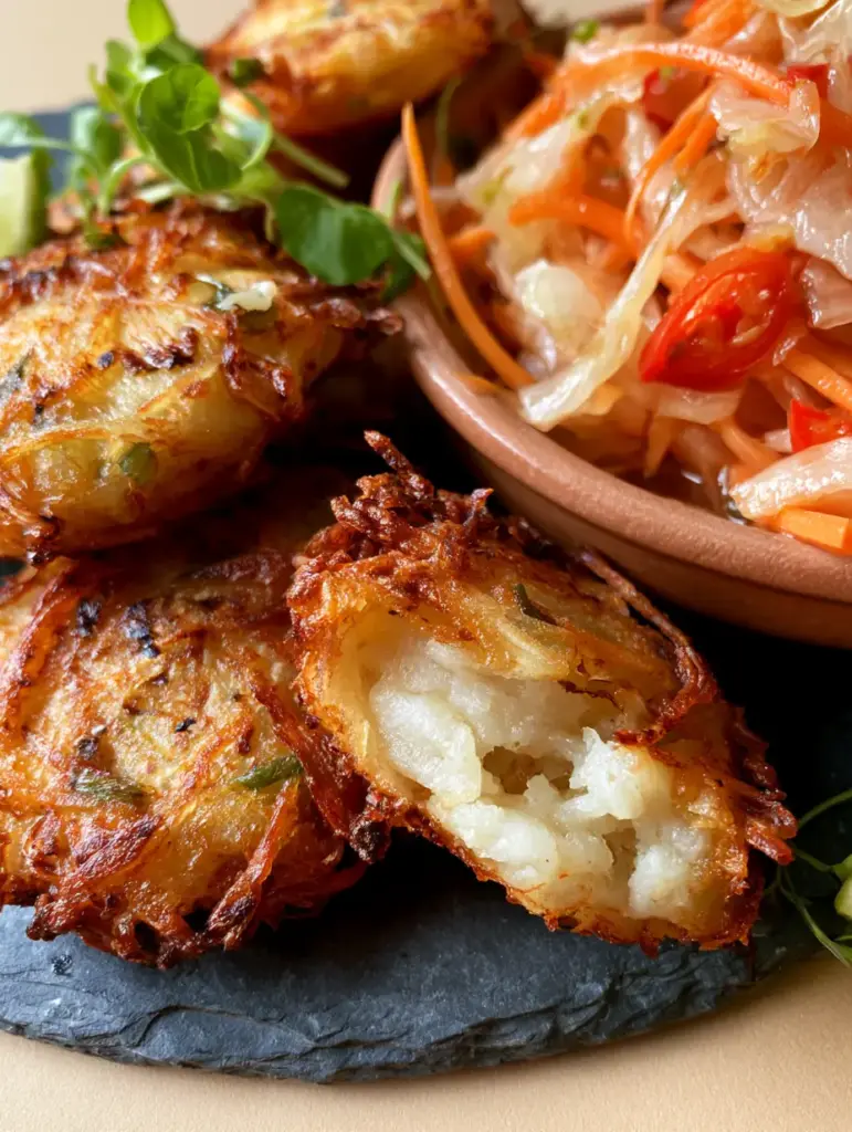 Haitian Akra fritter snapped in half revealing a steaming, creamy off-white fluffy interior beside a bowl of Pikliz. (Haitian Akra)