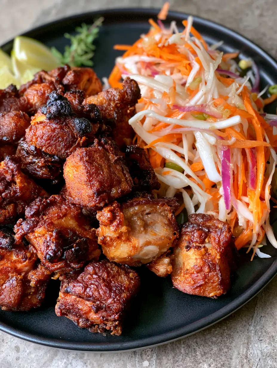 Close up of mahogany brown Haitian Griot pork with blistered edges on a black plate. (Haitian food)
