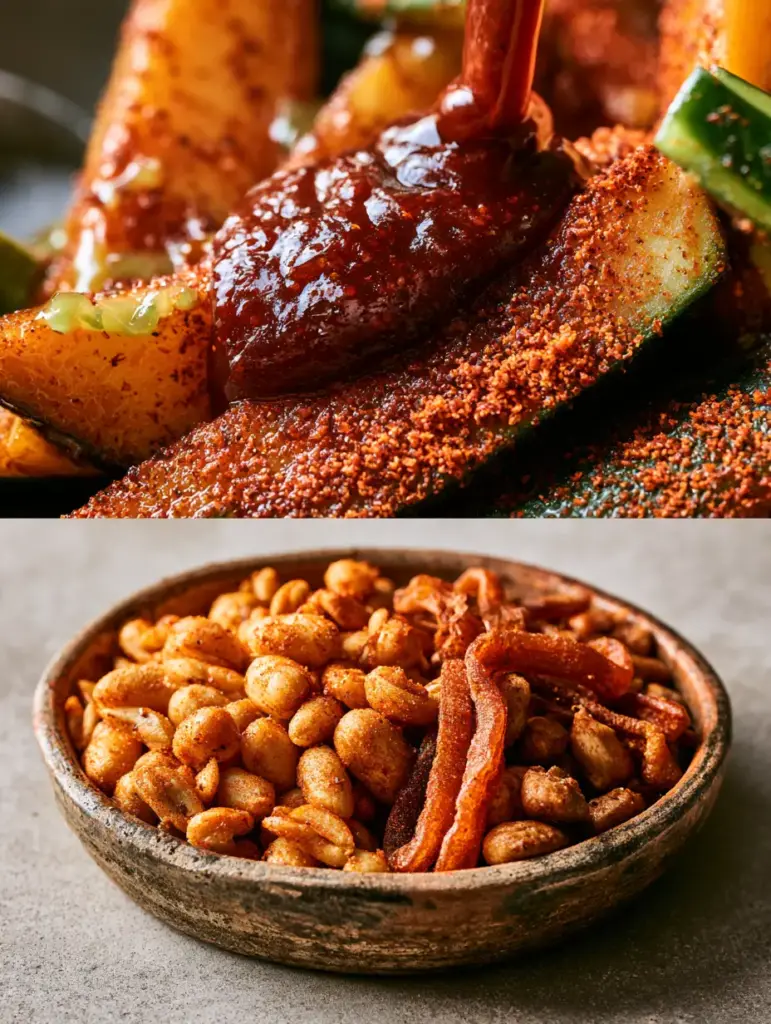 A rustic clay bowl filled with Japanese peanuts, tamarind candy strips, and salted corn nuts.