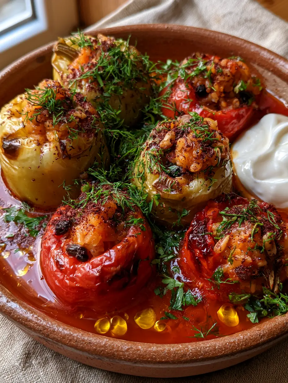 Turkish Stuffed Peppers: Authentic Biber Dolması with Aromatic Herb Rice 4 Close up of Turkish Stuffed Peppers in a shimmering tomato and olive oil sauce with fresh dill and sumac. (Turkish Stuffed Peppers)