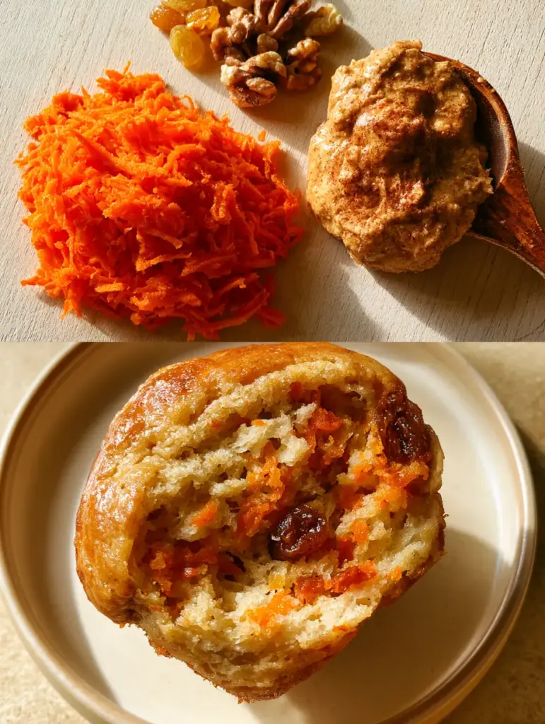 A flat lay of carrot muffin ingredients including shredded carrots, golden raisins, walnuts, and cinnamon batter. (carrot muffins)
